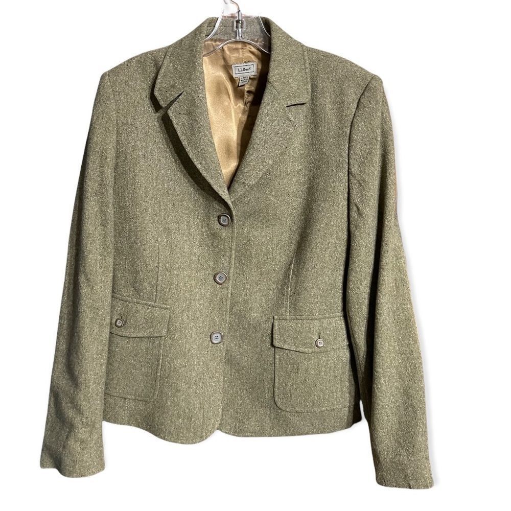 LL Bean Wool Silk Blend Green Gold 3 Button Blazer Front Pockets EUC Sz Large